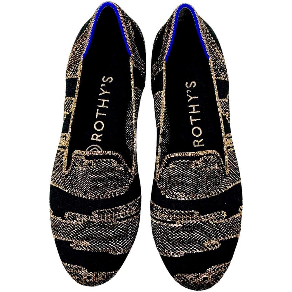 Rothy's Elegant Black and Gold Patterned Flats